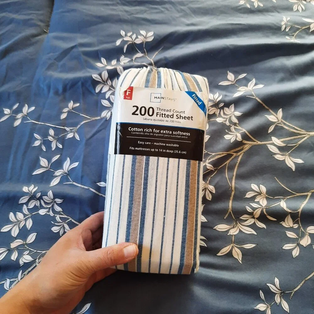 MAINSTAYS Shirt Stripe Print Cotton Percale Fitted Sheet NWT! - Blue/Tan, FULL